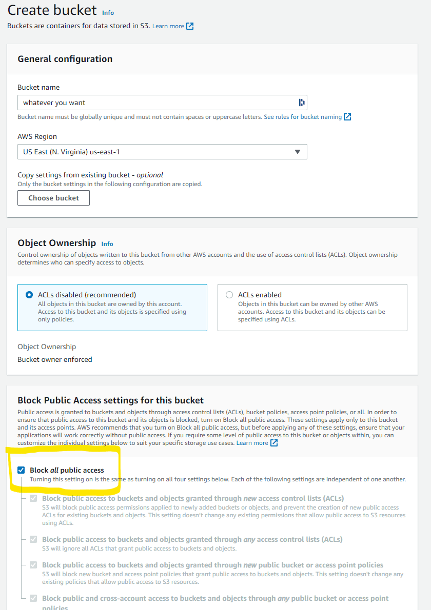 A create S3 Bucket form with emphasis on blocking public access